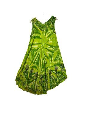 Asha Women Lime Green‎ Tie Dye Embroidered Handkerchief Hem Boho Dress